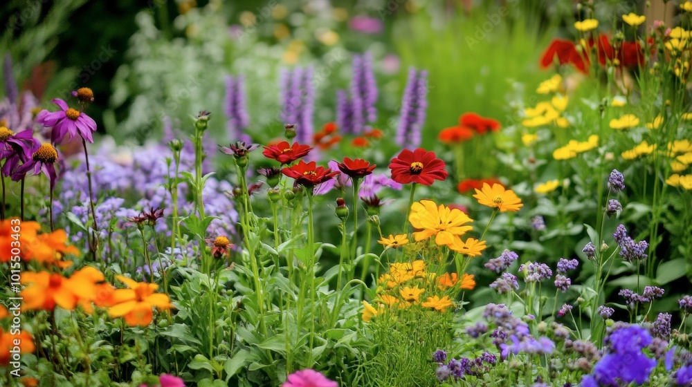 A garden filled with various blooming flowers, showcasing a rainbow of colors including red, purple, yellow, and orange. A garden filled with various blooming flowers, showcasing a rainbow of colors including red, purple, yellow, and orange.