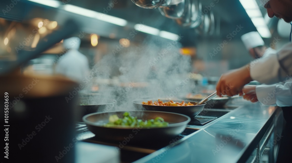 In a lively restaurant kitchen, chefs coordinate seamlessly, handling multiple dishes with precision as steam rises and ingredients come together in harmony In a lively restaurant kitchen, chefs coordinate seamlessly, handling multiple dishes with precision as steam rises and ingredients come together in harmony
