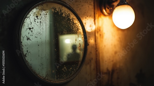 Reflection of a Figure in an Old Mirror with a Wall Lamp, Dark and Mysterious Scene