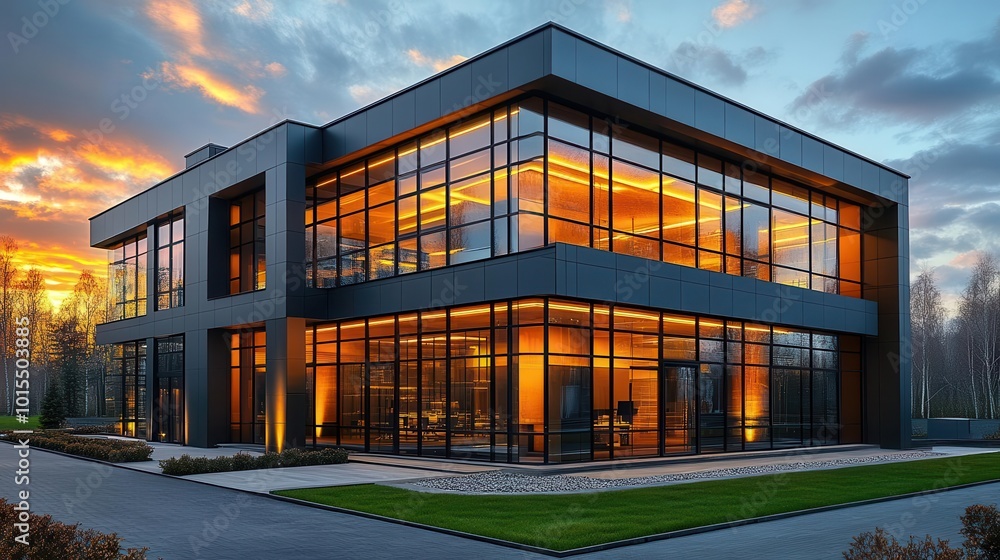 twostory modern office building showcases sleek industrial minimalist design with glass elements reflecting the sky clean lines and a polished aesthetic highlight contemporary architecture twostory modern office building showcases sleek industrial minimalist design with glass elements reflecting the sky clean lines and a polished aesthetic highlight contemporary architecture