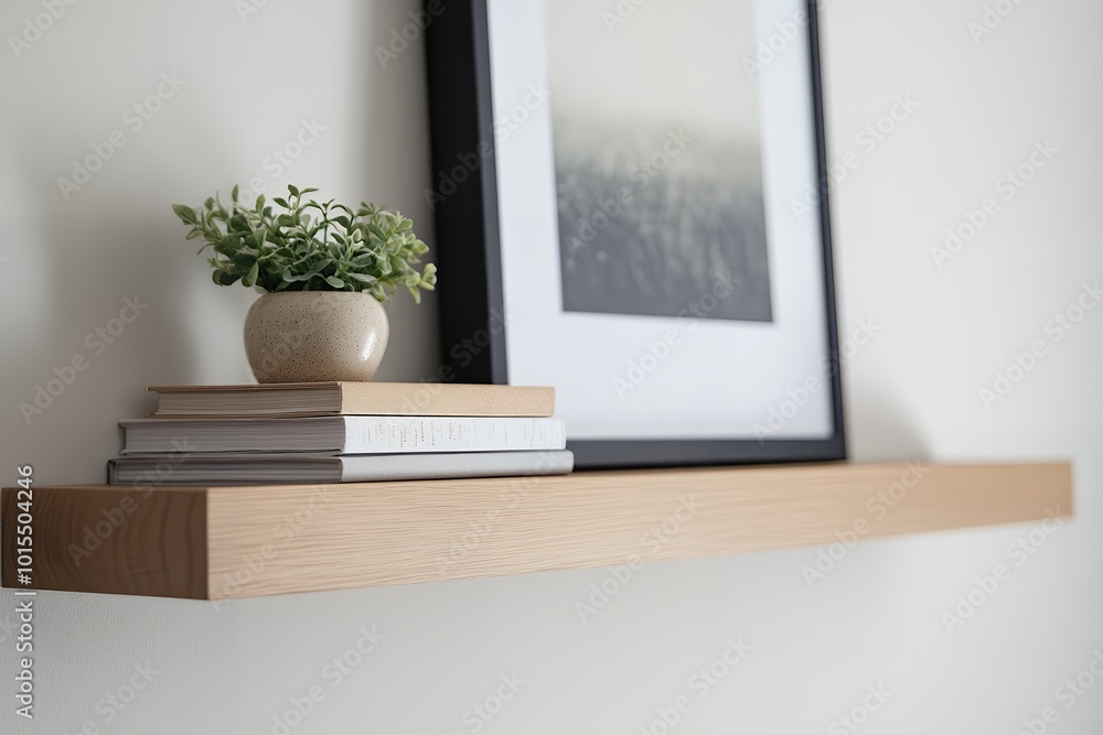 Fototapeta premium シンプルでナチュラルなリビングの壁のディスプレイ ｜ Simple and Natural Living Room Wall Display
