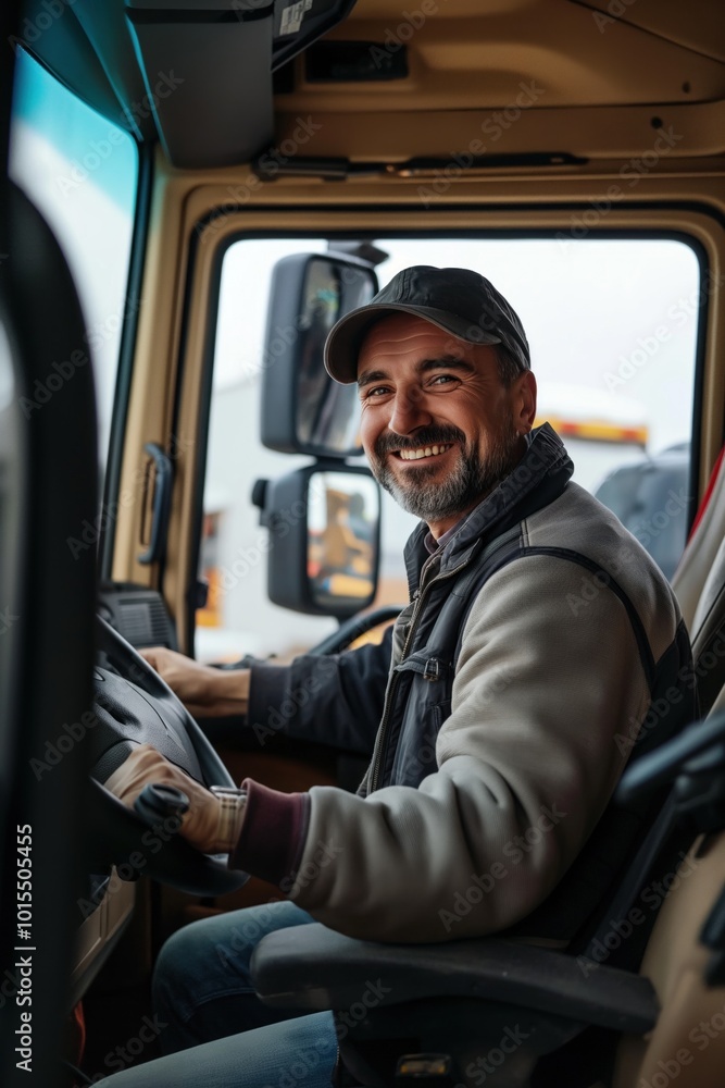 Man in gray jacket, black cap sits in truck driver seat, gripping steering wheel, looking at camera. Large truck parked in parking lot, interior features windshield, side mirror. Man in gray jacket, black cap sits in truck driver seat, gripping steering wheel, looking at camera. Large truck parked in parking lot, interior features windshield, side mirror.