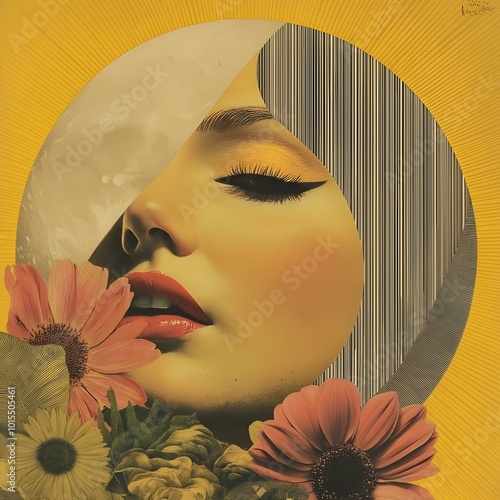 Feminine Portrait with Floral and Digital Elements