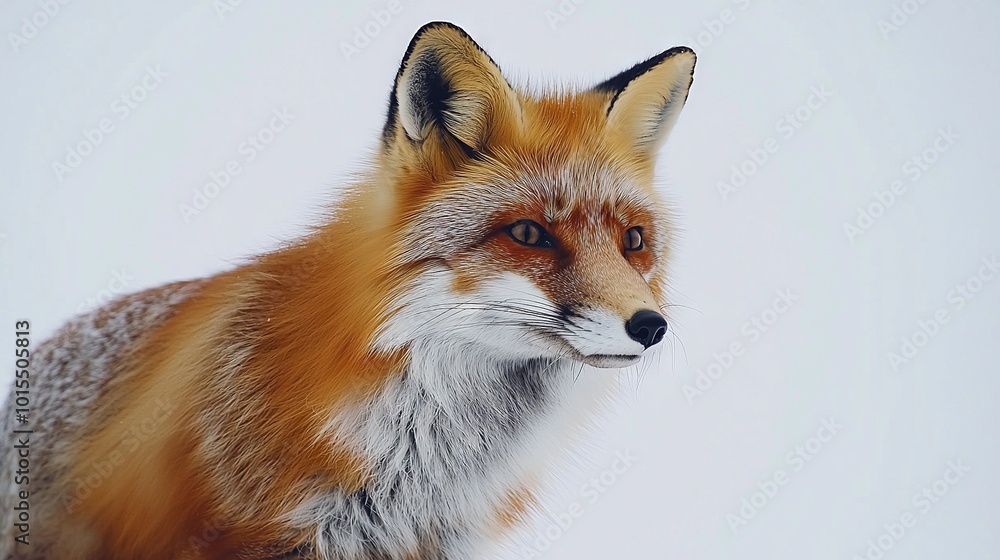 Fototapeta premium Close-up of fox's face amidst snow on ground & white sky backdrop