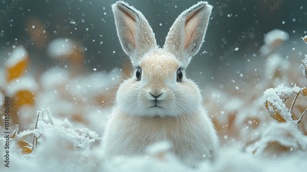 a A snowshoe hare’s white fur blending into the wintery snow of the North American forest. a A snowshoe hare’s white fur blending into the wintery snow of the North American forest.