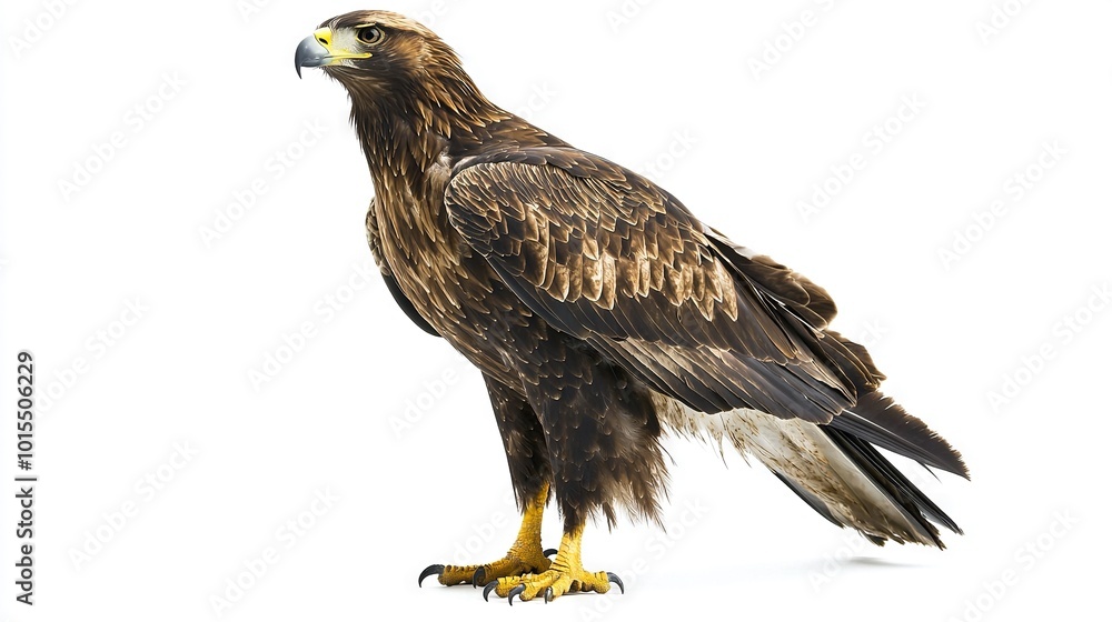 Fototapeta premium A close-up of a majestic bird of prey perched atop a stark white background, its black and brown feathers blending harmoniously with the stark contrast