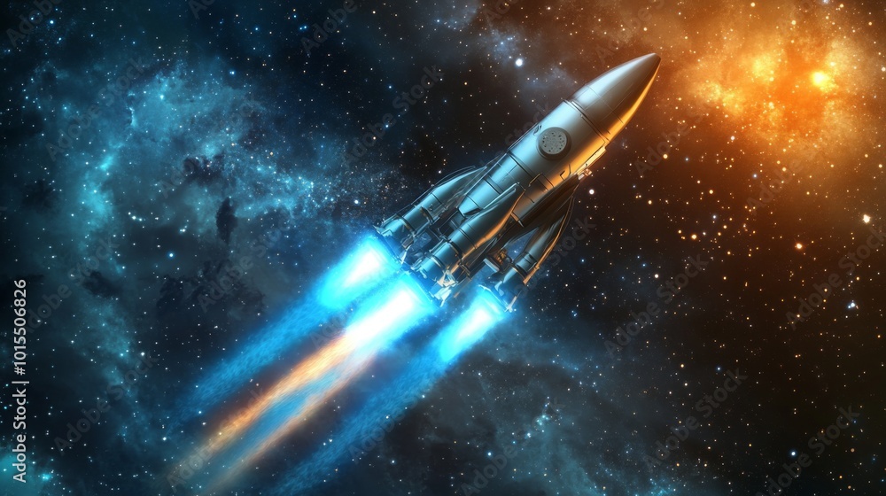 A silver spacecraft with blue and orange flames from its engines blasts through the cosmos. It is traveling toward a distant nebula. The spaceship is surrounded by a starry background. A silver spacecraft with blue and orange flames from its engines blasts through the cosmos. It is traveling toward a distant nebula. The spaceship is surrounded by a starry background.