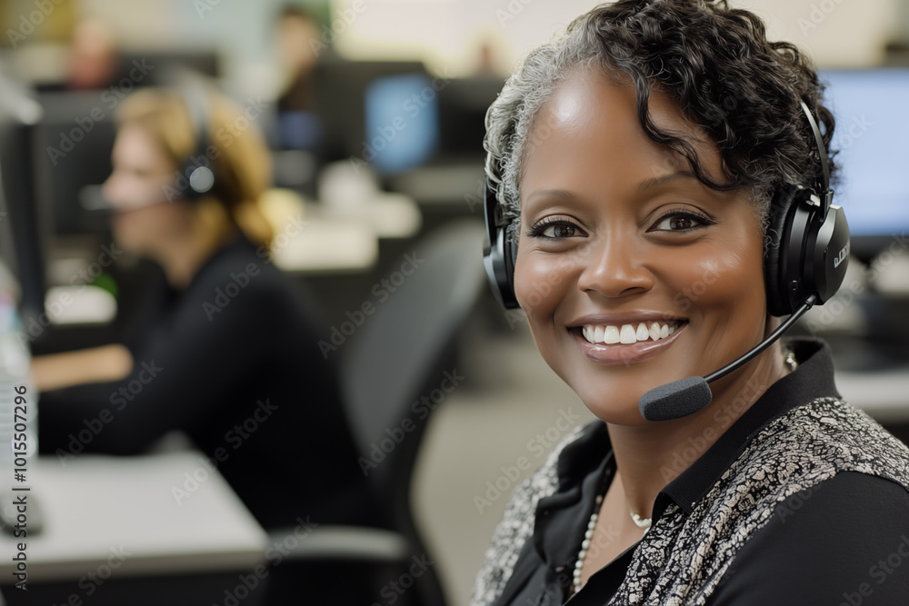 pretty black call center worker wearing headset and smiling pretty black call center worker wearing headset and smiling