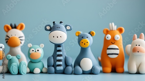 A delightful array of handcrafted polymer clay abstract animals showcases vivid colors and playful designs. Colorful clay handmade animals on a blue background.