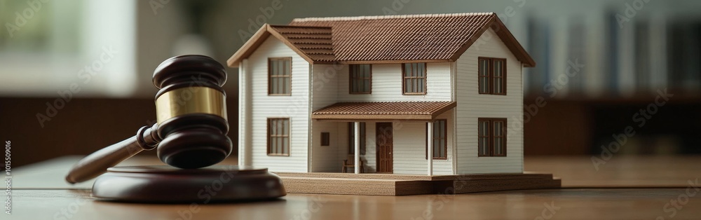 Model house and court gavel representing real estate legal issues Model house and court gavel representing real estate legal issues