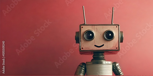 Friendly Robot: A charming vintage robot with a smiling face against a soft pink background, evoking feelings of warmth, technology, and friendly artificial intelligence.  