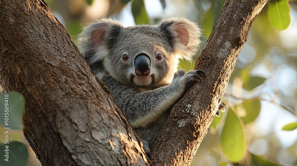the A koala mother with her joey clinging to her back in an eucalyptus tree. the A koala mother with her joey clinging to her back in an eucalyptus tree.