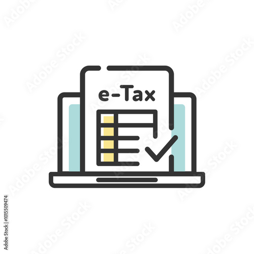 ノートパソコンで確定申告(e-Tax)完了のベクターアイコン(版ずれカラー)