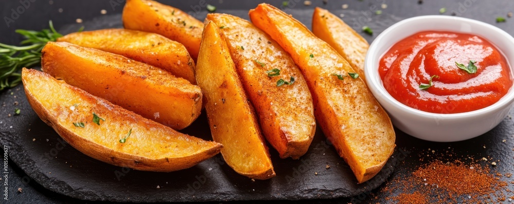 Crispy Roasted Sweet Potato Wedges A Healthy Delicious Side Dish, Easy Vegan Recipe with Paprika Herbs Crispy Roasted Sweet Potato Wedges A Healthy Delicious Side Dish, Easy Vegan Recipe with Paprika Herbs