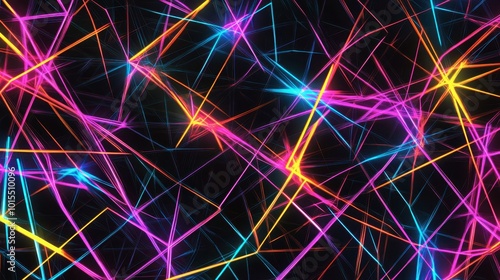 A pattern of glowing lines in bright neon colors, intersecting and creating a sense of depth on a black background. photo