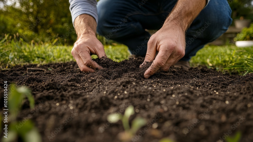 Man planting grass seeds in garden soil for sustainable landscaping promoting eco-friendly practices and healthy lawn care for vibrant growth Man planting grass seeds in garden soil for sustainable landscaping promoting eco-friendly practices and healthy lawn care for vibrant growth