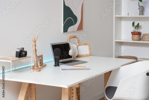 Wallpaper Mural Podcaster's workplace with laptop in light studio Torontodigital.ca