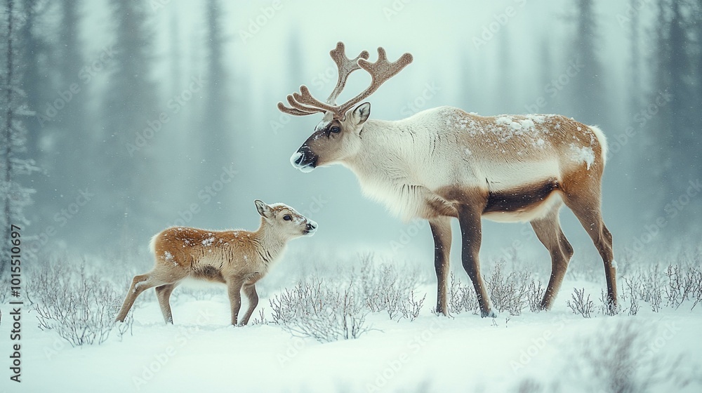 a A mother caribou and her calf navigating the snowy Arctic tundra. a A mother caribou and her calf navigating the snowy Arctic tundra.