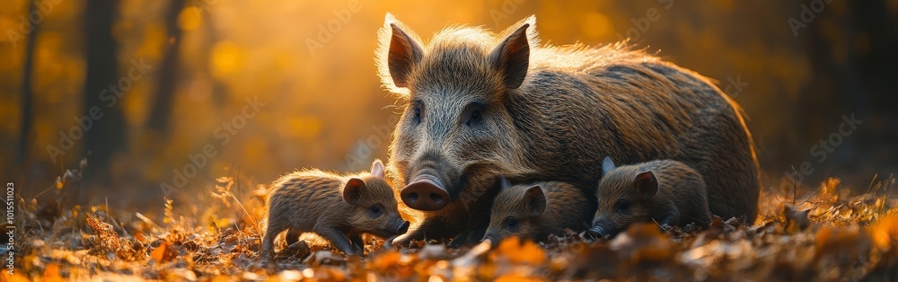 Wild boar mother and her babies standing in a sunlit forest Wild boar mother and her babies standing in a sunlit forest