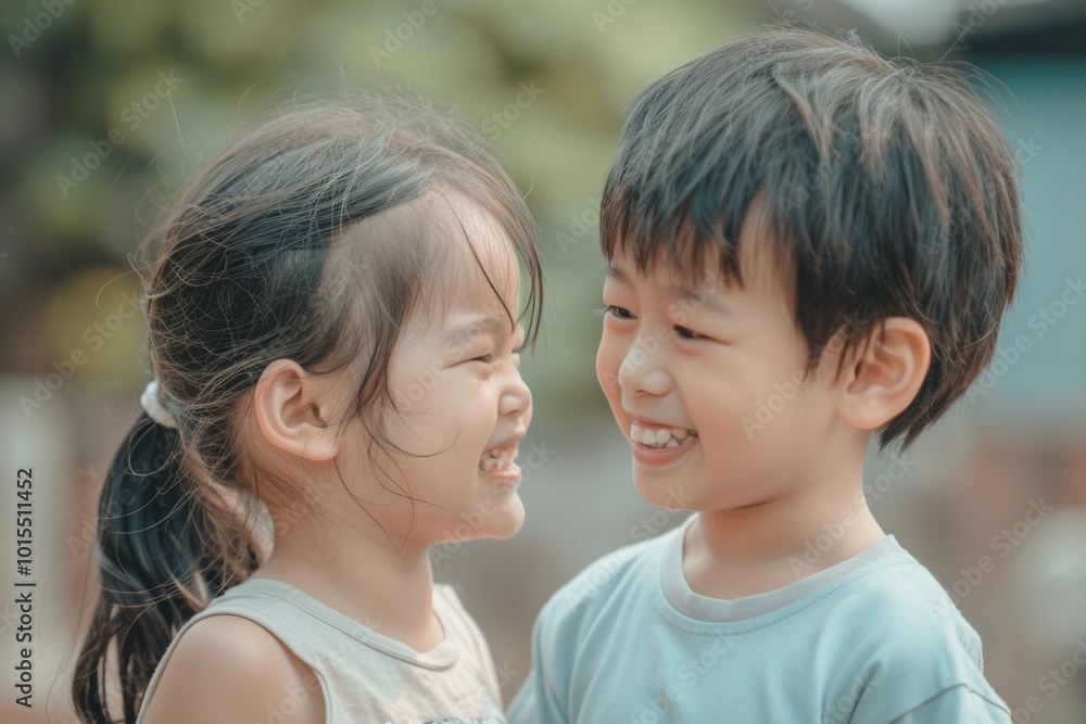 Happy asian little kid girl and boy laughing and having fun together outdoor Happy asian little kid girl and boy laughing and having fun together outdoor
