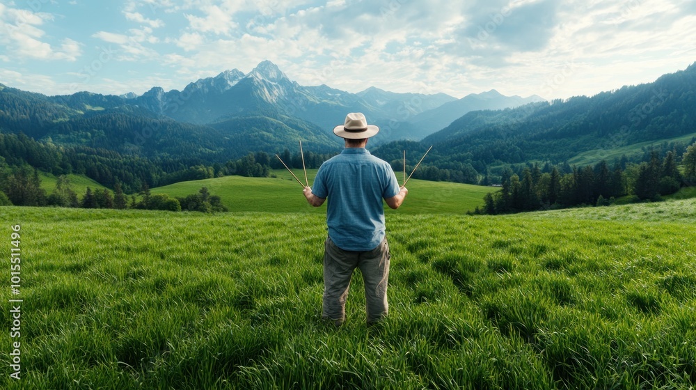 Man in Serene Meadow Aligns with Earth's Energy Using Dowsing Rods, Spiritual Connection with Nature Man in Serene Meadow Aligns with Earth's Energy Using Dowsing Rods, Spiritual Connection with Nature