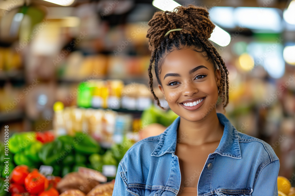 Portrait of a beautiful, smiling young African American woman in a grocery store Portrait of a beautiful, smiling young African American woman in a grocery store
