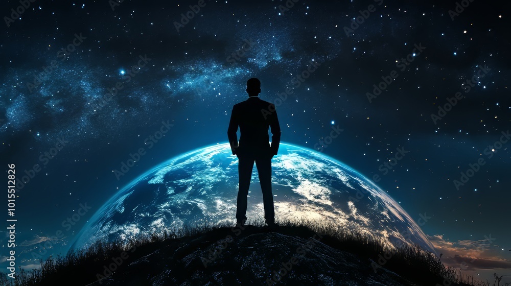 Silhouetted Figure Against Starry Sky and Earth Symbolizing Dreams Ambition Leadership and Global Connection in the Night Universe Silhouetted Figure Against Starry Sky and Earth Symbolizing Dreams Ambition Leadership and Global Connection in the Night Universe