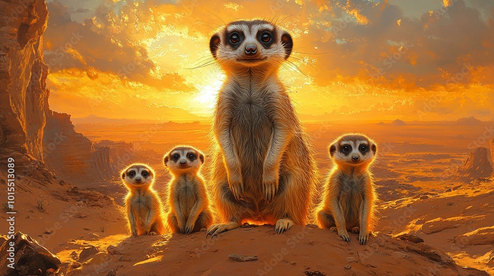 this A mother meerkat with her pups standing guard and exploring the desert. this A mother meerkat with her pups standing guard and exploring the desert.