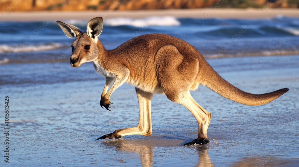 Hopping kangaroo on pristine beach in Kangaroo Island Australia embodying wildlife and natural beauty perfect for animal lovers and travel enthusiasts