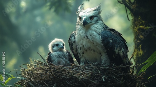 the A female harpy eagle with her chick in a large nest high in the rainforest canopy. photo