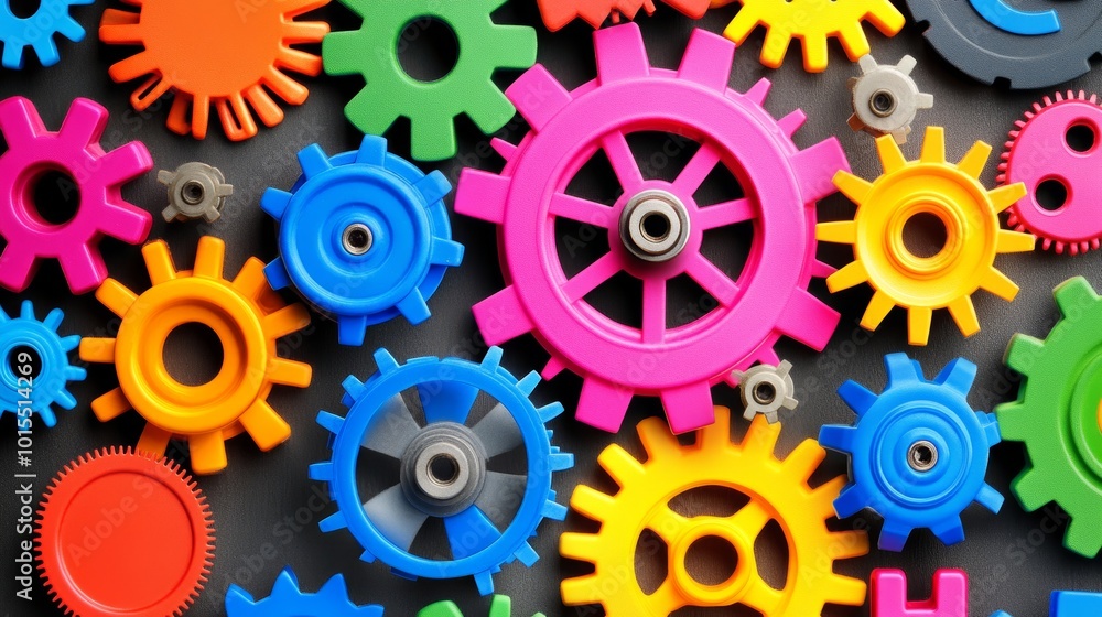 Top view of vibrant gears symbolizing collaboration innovation and efficiency in modern business processes for corporate success and teamwork Top view of vibrant gears symbolizing collaboration innovation and efficiency in modern business processes for corporate success and teamwork