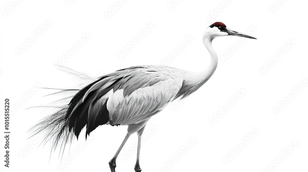 A graceful crane bird elegantly displayed on a pristine white background, showcasing its long legs, slender neck, and beautiful plumage. This illustration captures the crane in a poised position, A graceful crane bird elegantly displayed on a pristine white background, showcasing its long legs, slender neck, and beautiful plumage. This illustration captures the crane in a poised position,