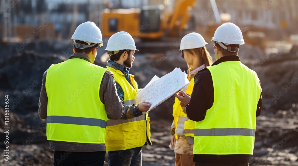 Team of construction workers discussing project plans at a busy building site, copy space Team of construction workers discussing project plans at a busy building site, copy space