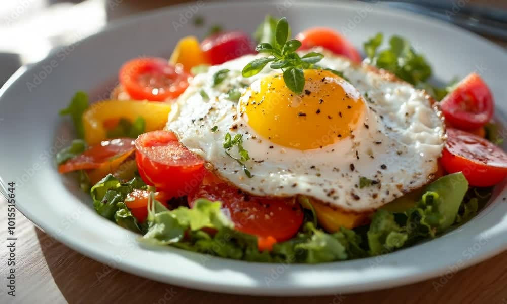 A vibrant salad topped with a fried egg and fresh vegetables. A vibrant salad topped with a fried egg and fresh vegetables.