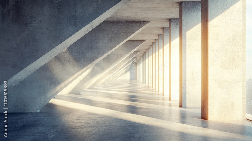 Fototapeta premium Radiant Modern Architecture of Leaning Concrete Beams Embracing Natural Light Through Expansive Windows for a Serene and Peaceful Space