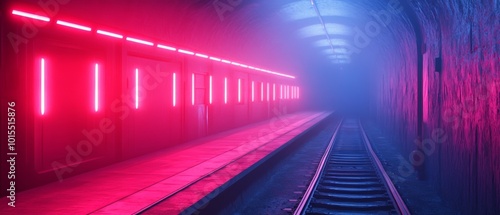 Futuristic Train Station with Neon Lights and Atmosphere