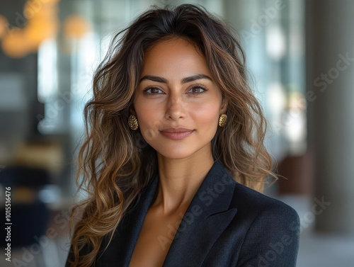 sophisticated portrait of a south asian woman, 45, wearing a sharp suit. she stands confidently in a modern office, with sleek furniture and large windows, conveying professionalism and elegance