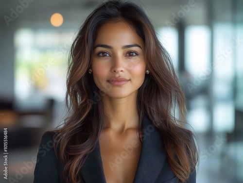 sophisticated portrait of a south asian woman, 45, wearing a sharp suit. she stands confidently in a modern office, with sleek furniture and large windows, conveying professionalism and elegance