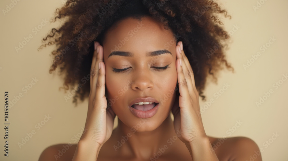 A beautiful young African American woman with her hands covering her ears, as if she does not want to hear something or is trying to recall something she forgot. A headache. A beautiful young African American woman with her hands covering her ears, as if she does not want to hear something or is trying to recall something she forgot. A headache.