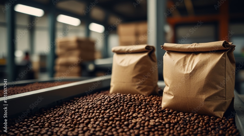 Roasted coffee beans on a conveyor system in a modern factory environment Roasted coffee beans on a conveyor system in a modern factory environment