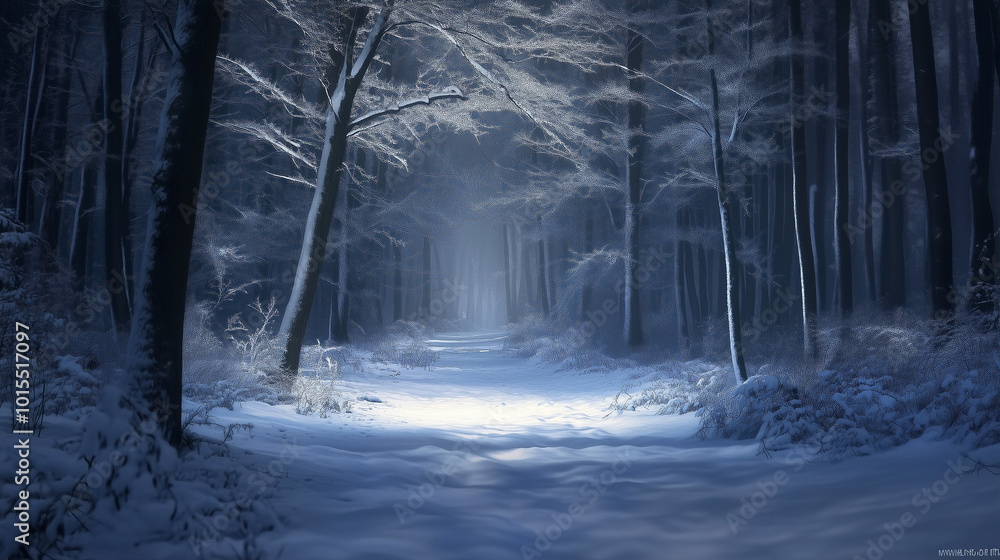 Obraz premium A snow-covered forest, bathed in soft moonlight, casting a silvery glow on the trees. Delicate frost clings to every branch, and the ground sparkles in the stillness of the night.