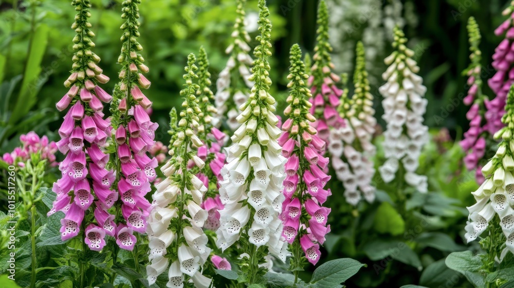 A spring garden with blooming foxgloves, featuring tall spikes of pink and white flowers set against green foliage. A spring garden with blooming foxgloves, featuring tall spikes of pink and white flowers set against green foliage.