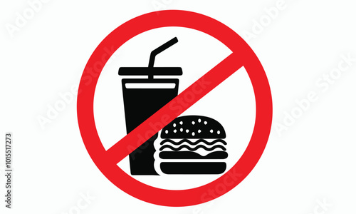 icon No Fast Food, No food and drink allowed symbol, Isolated illustration of do not bring food and drink inside, no food allowed round sing white circle red crossed out.eps8