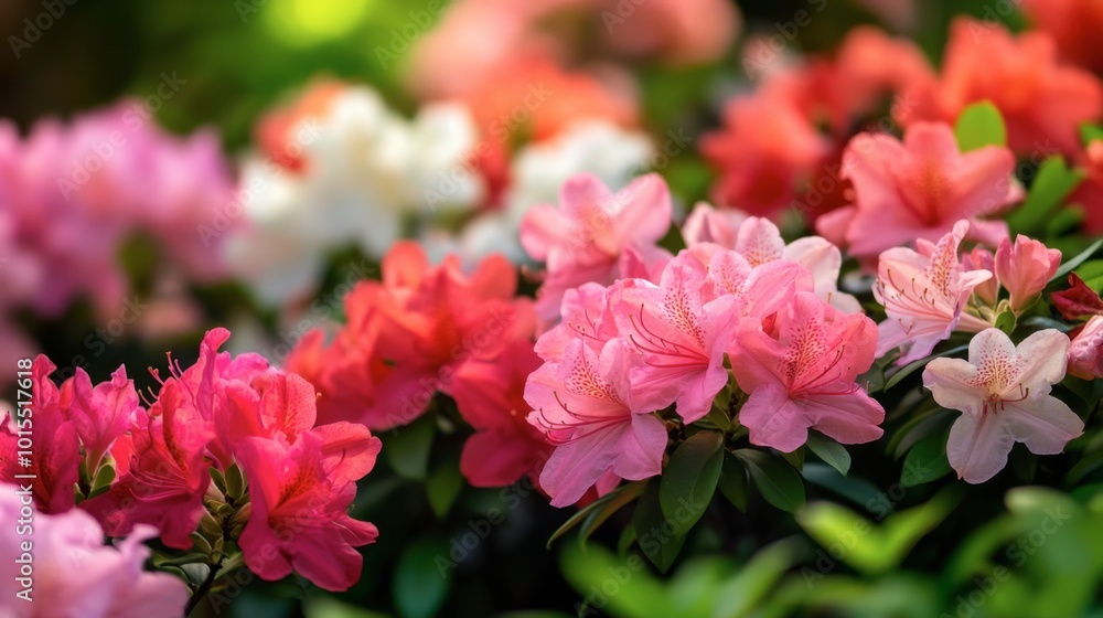 Obraz premium A spring garden with colorful blooming azaleas in shades of pink, red, and white, surrounded by lush green leaves.