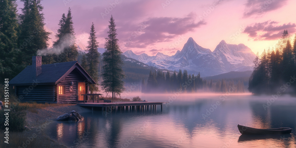 Obraz premium Cabin on a Lake with Mountain View at Sunrise