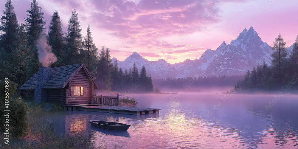 Cabin on Lake with Mountains at Sunset Cabin on Lake with Mountains at Sunset