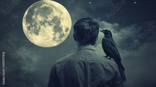 Mysterious figure with crow perched on shoulder gazes at the luminous moon exploring themes of nature solitude wildlife and celestial wonder photo