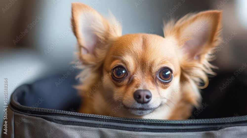 Charming chihuahua dog nestled in stylish transport bag ready for cabin travel in airplane showcasing pet-friendly journey comfort and adventure Charming chihuahua dog nestled in stylish transport bag ready for cabin travel in airplane showcasing pet-friendly journey comfort and adventure