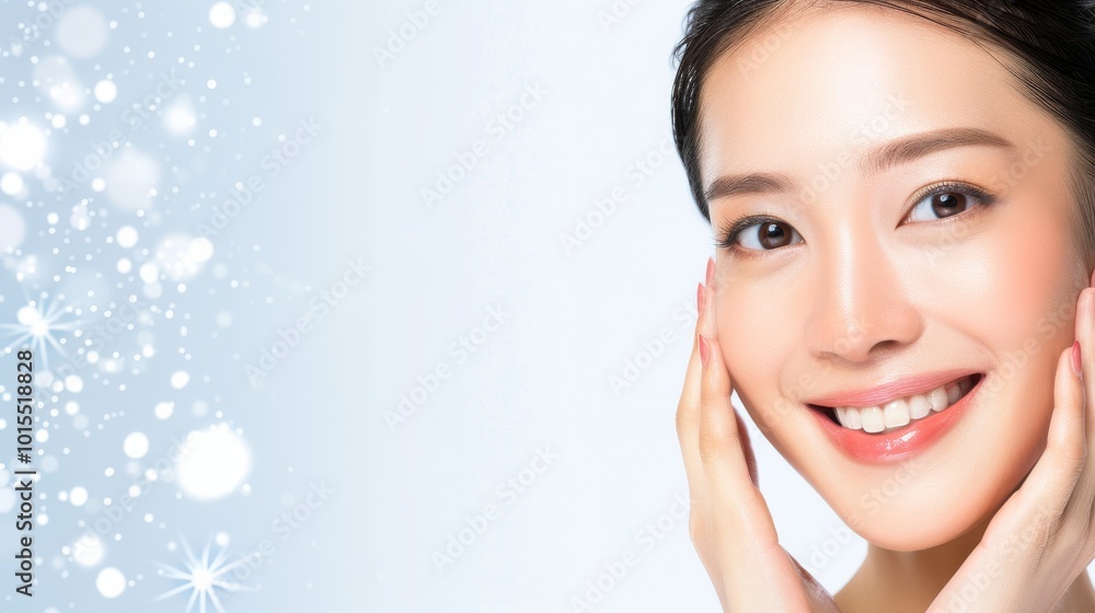 Smiling woman with healthy skin, winter theme, soft background, beauty concept. Smiling woman with healthy skin, winter theme, soft background, beauty concept.