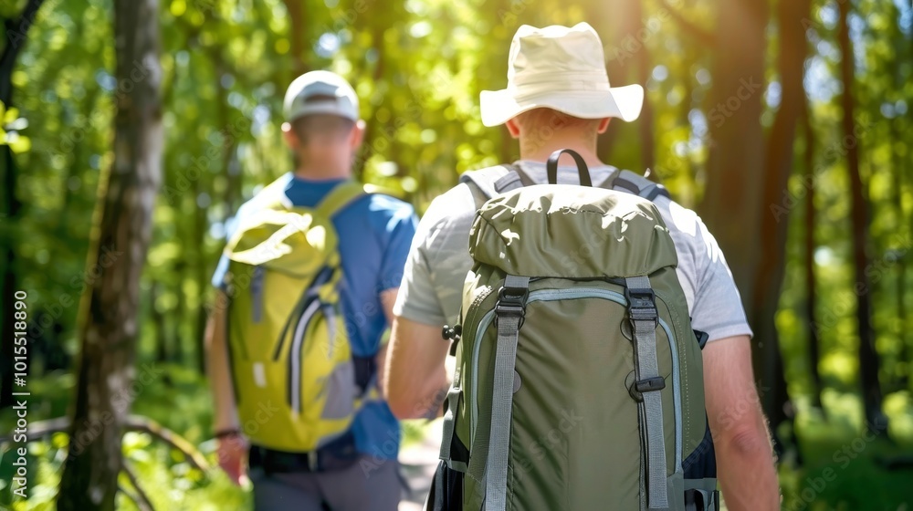 Two hikers exploring a lush green forest trail. Two hikers exploring a lush green forest trail.